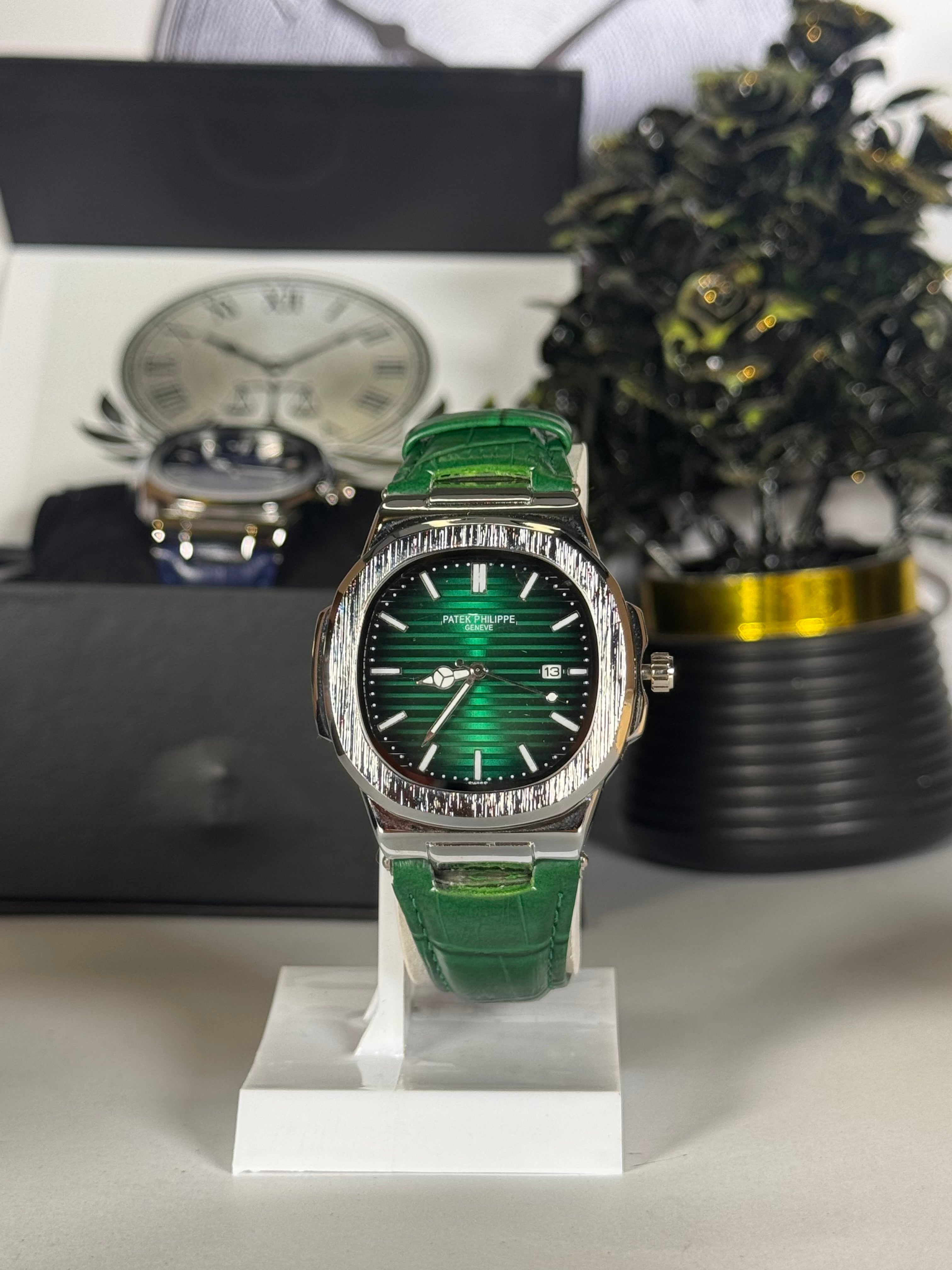 Patek Master Green Dial Men’s Watch with Leather Strap | Quartz Date Wrist Watch | Legalwears