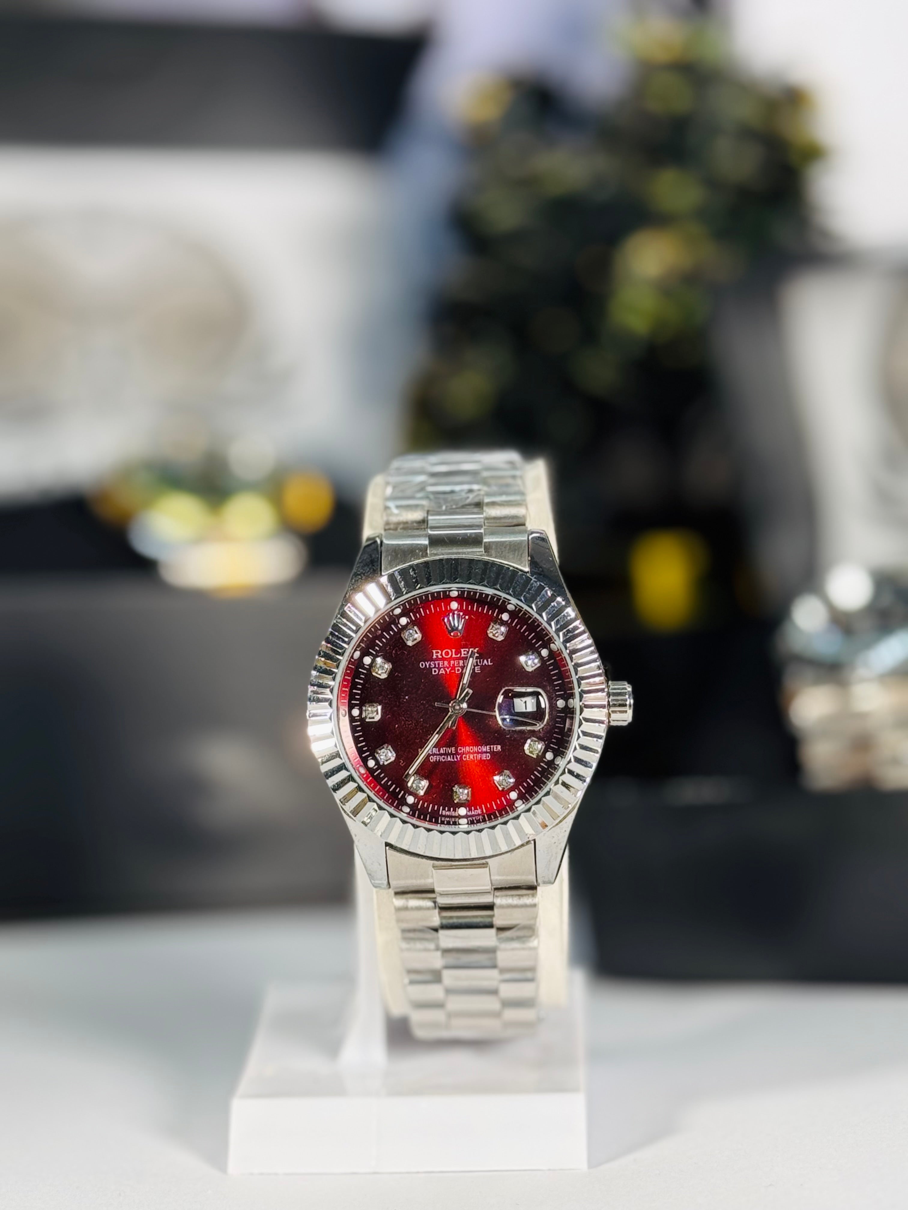 Rolly Master Men’s Red Dial Stainless Steel Strap Quartz Watch – Waterproof Timepiece | LegalWears