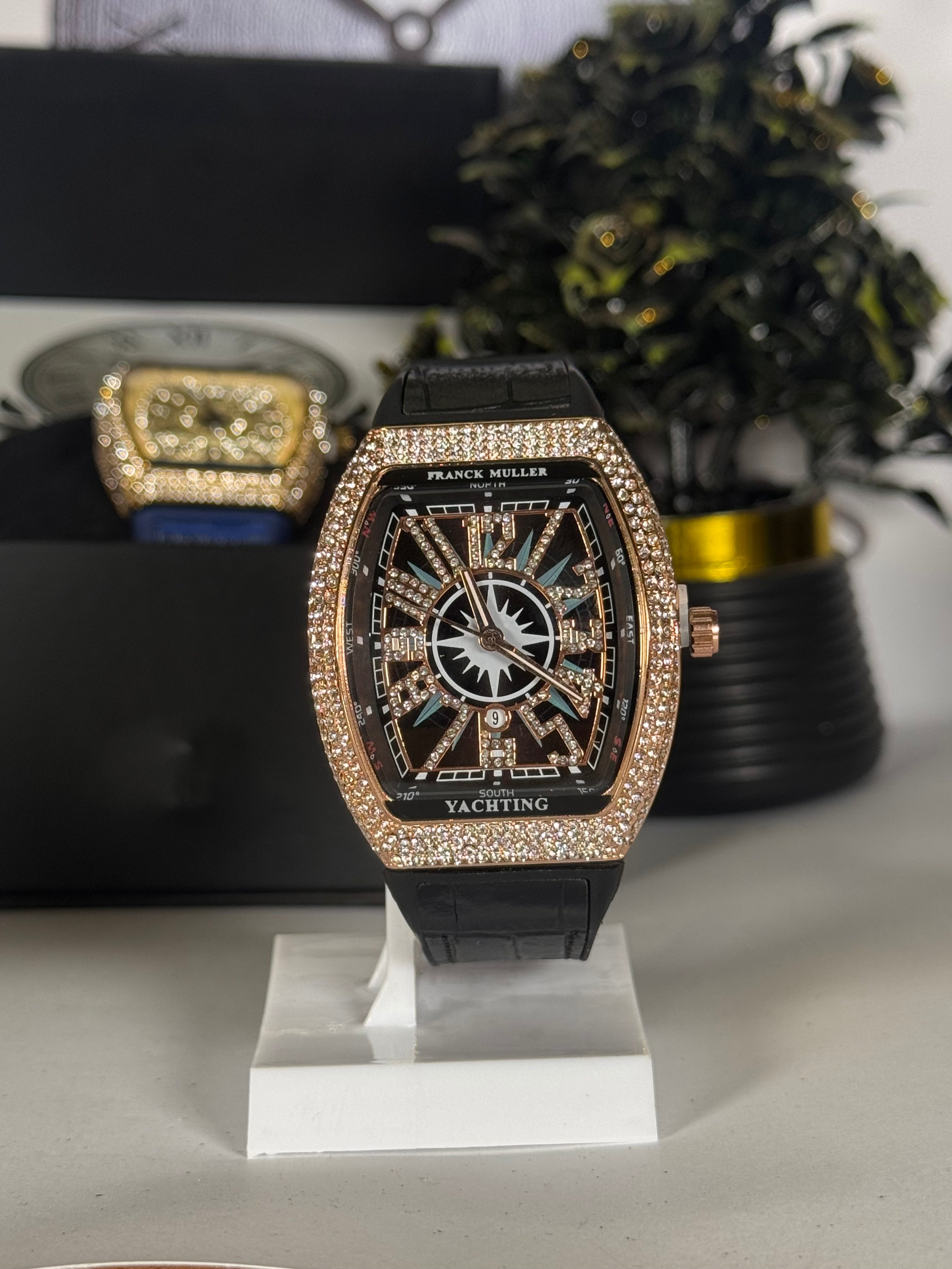 Muller Master Yachting Luxury Watch – Diamond-Studded Rose Gold Case with Black Silicone Strap