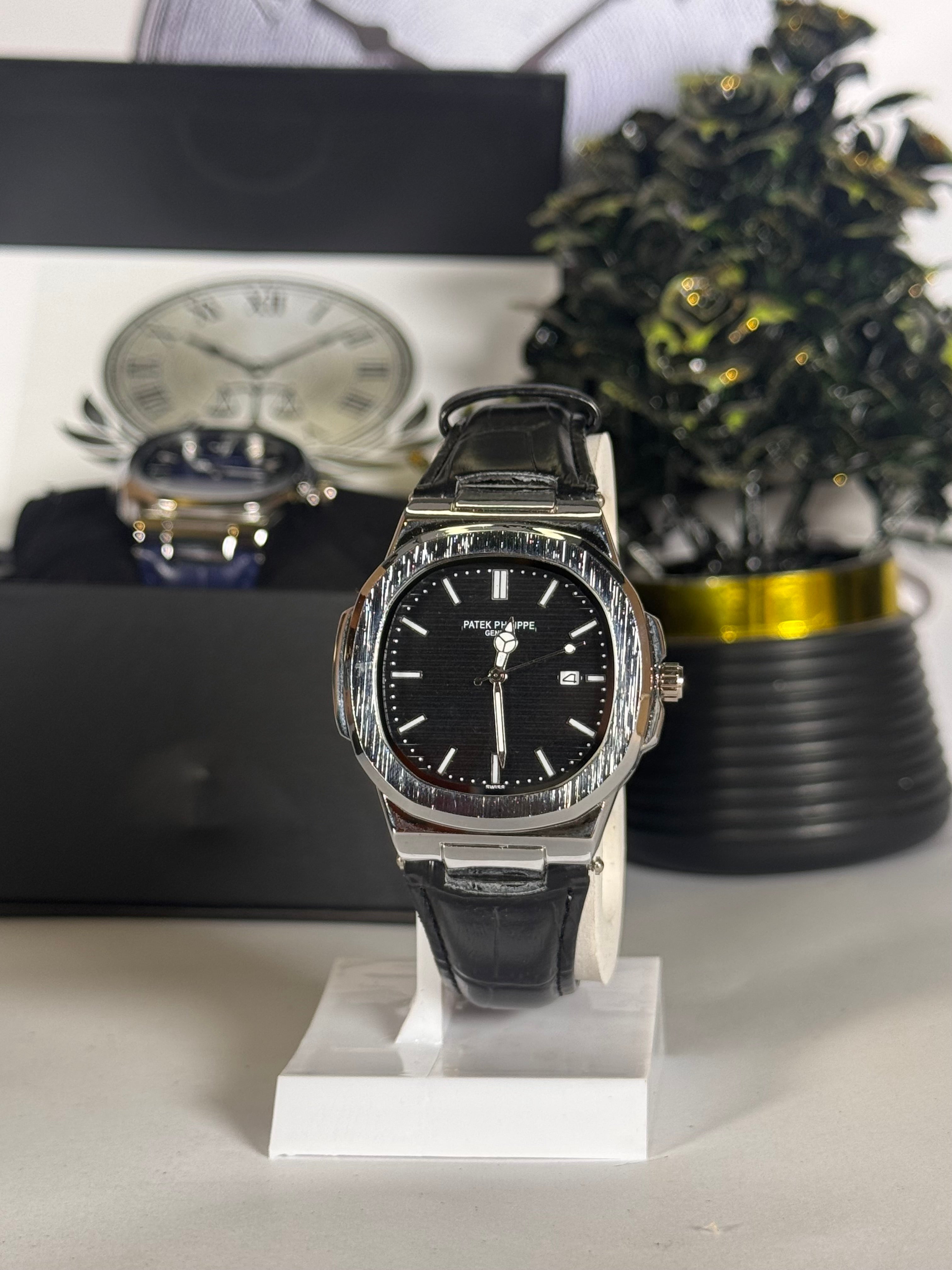 Patek Master Black Dial Men’s Watch with Leather Strap | Quartz Date Wrist Watch | Legalwears