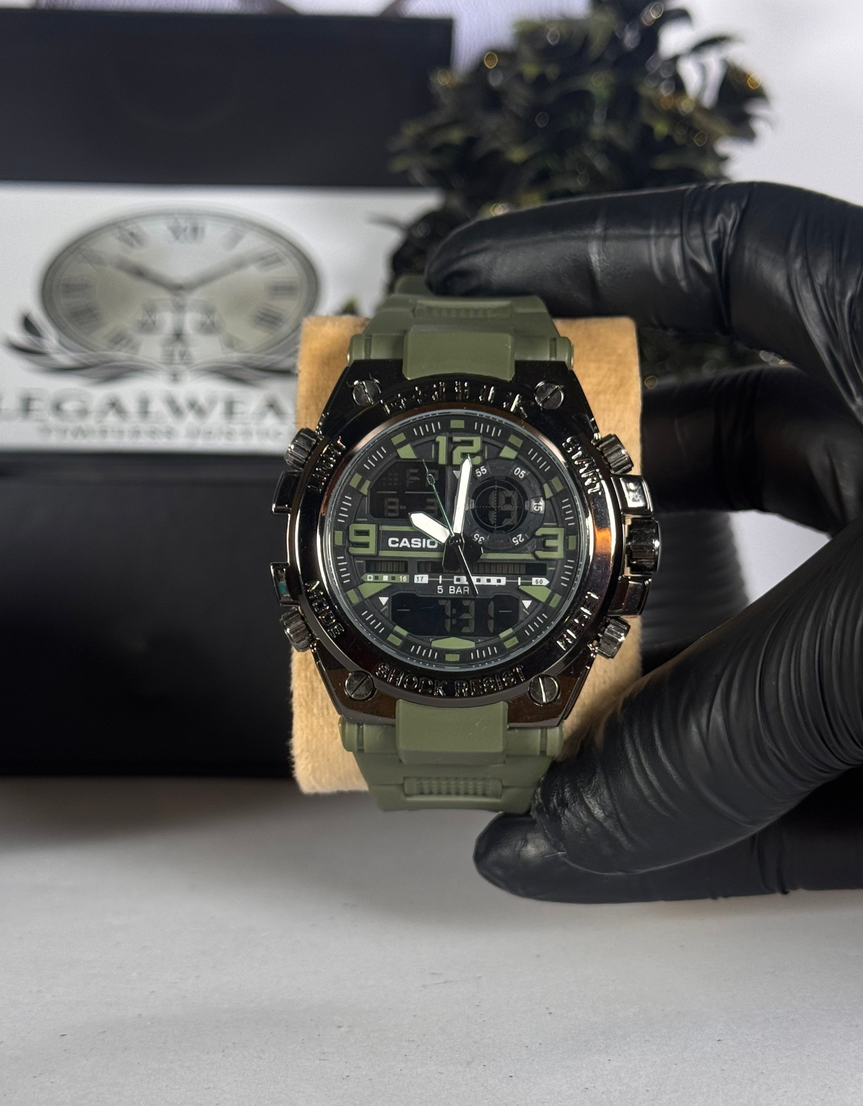 Casi Master Shock-Resistant Green Camouflage Silicon Straps Watch with Digital & Analog Display