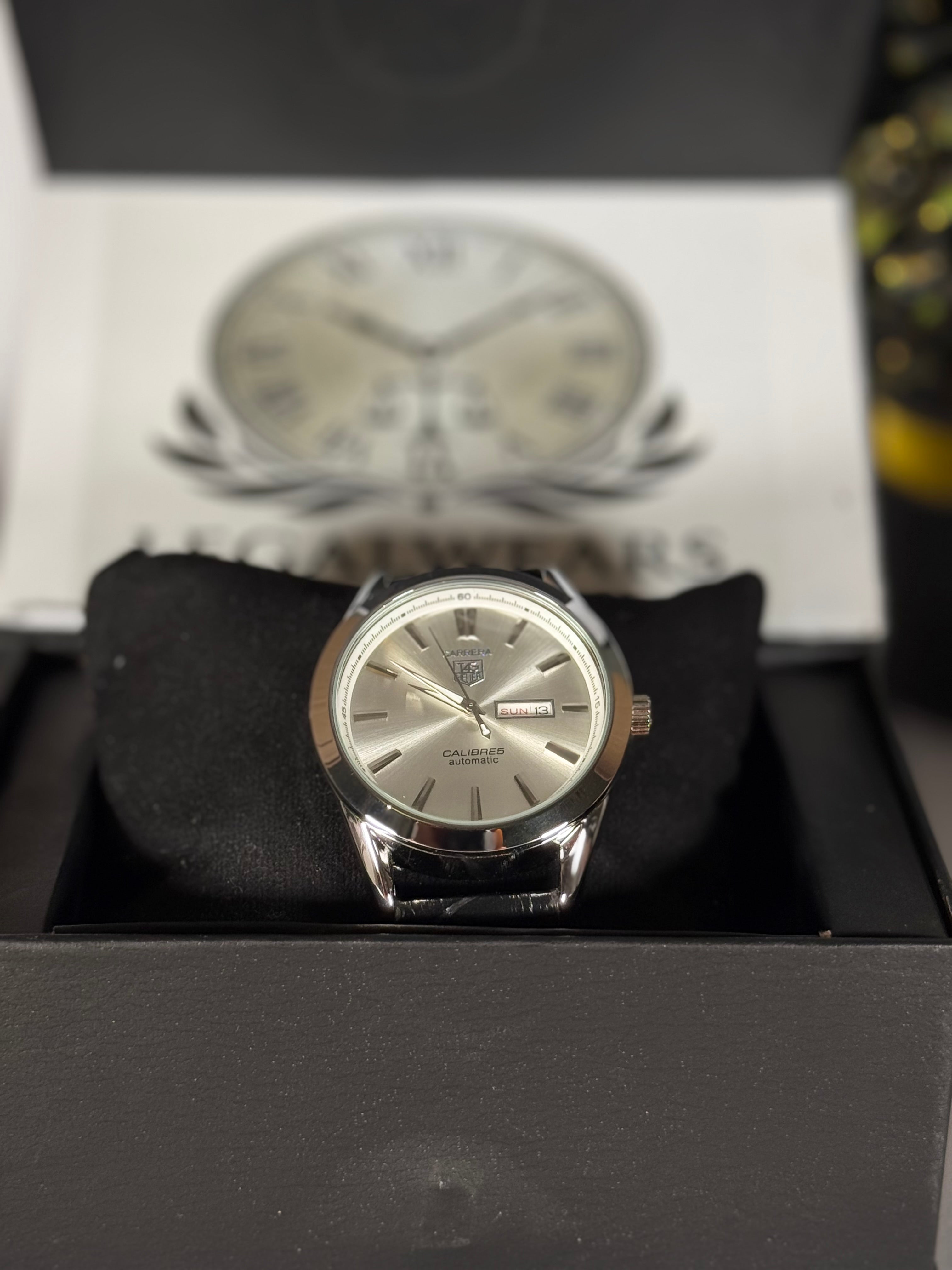 Legalwears Rera Master Day-Date Watch – Silver Dial Watch with Black Leather Strap