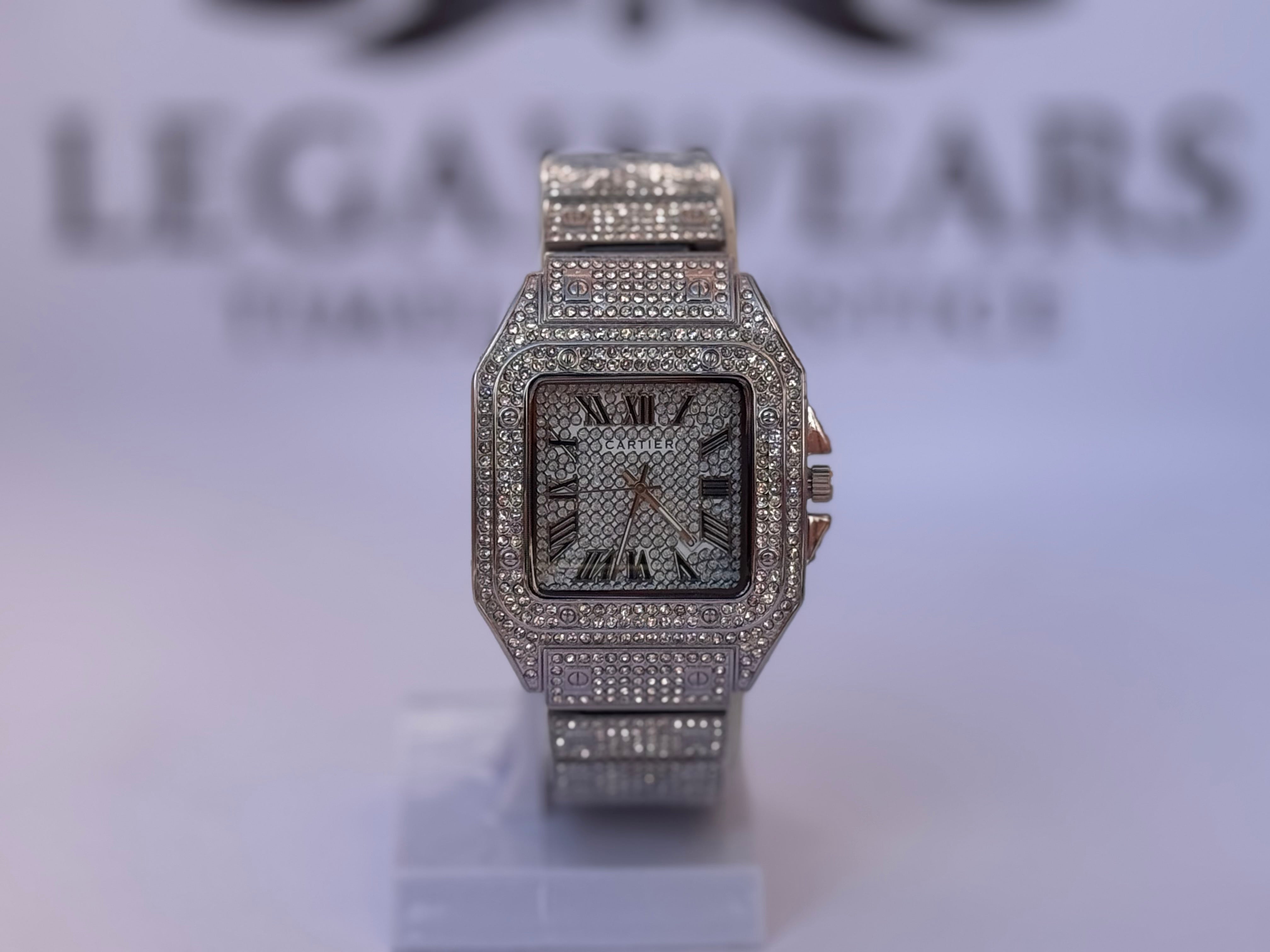 Cartier Silver Diamond-Studded Watch | Quartz Movement Golden Dial Watch | LegalWears