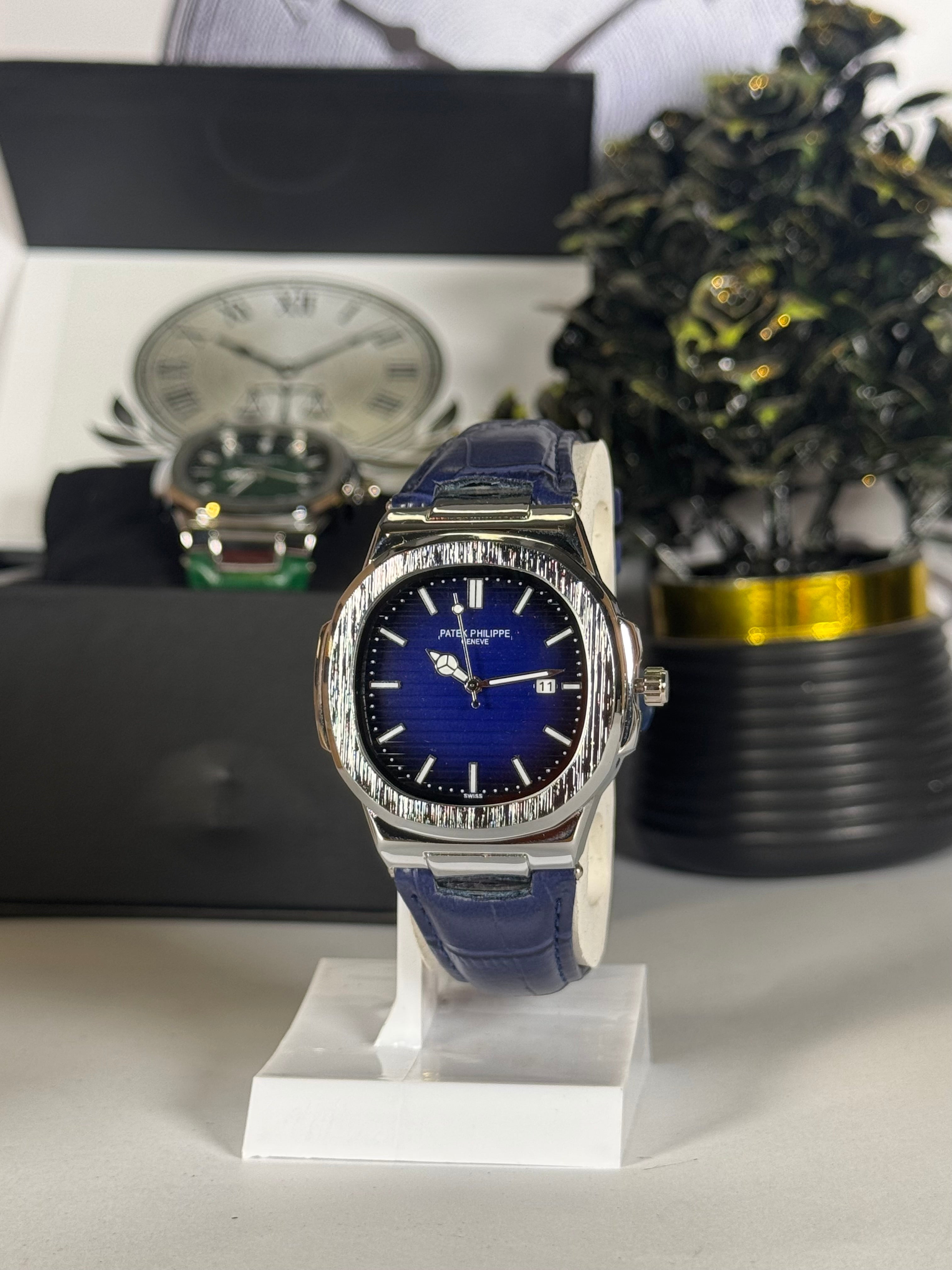 Patek Master Blue Dial Men’s Watch with Leather Strap | Quartz Date Wrist Watch | Legalwears