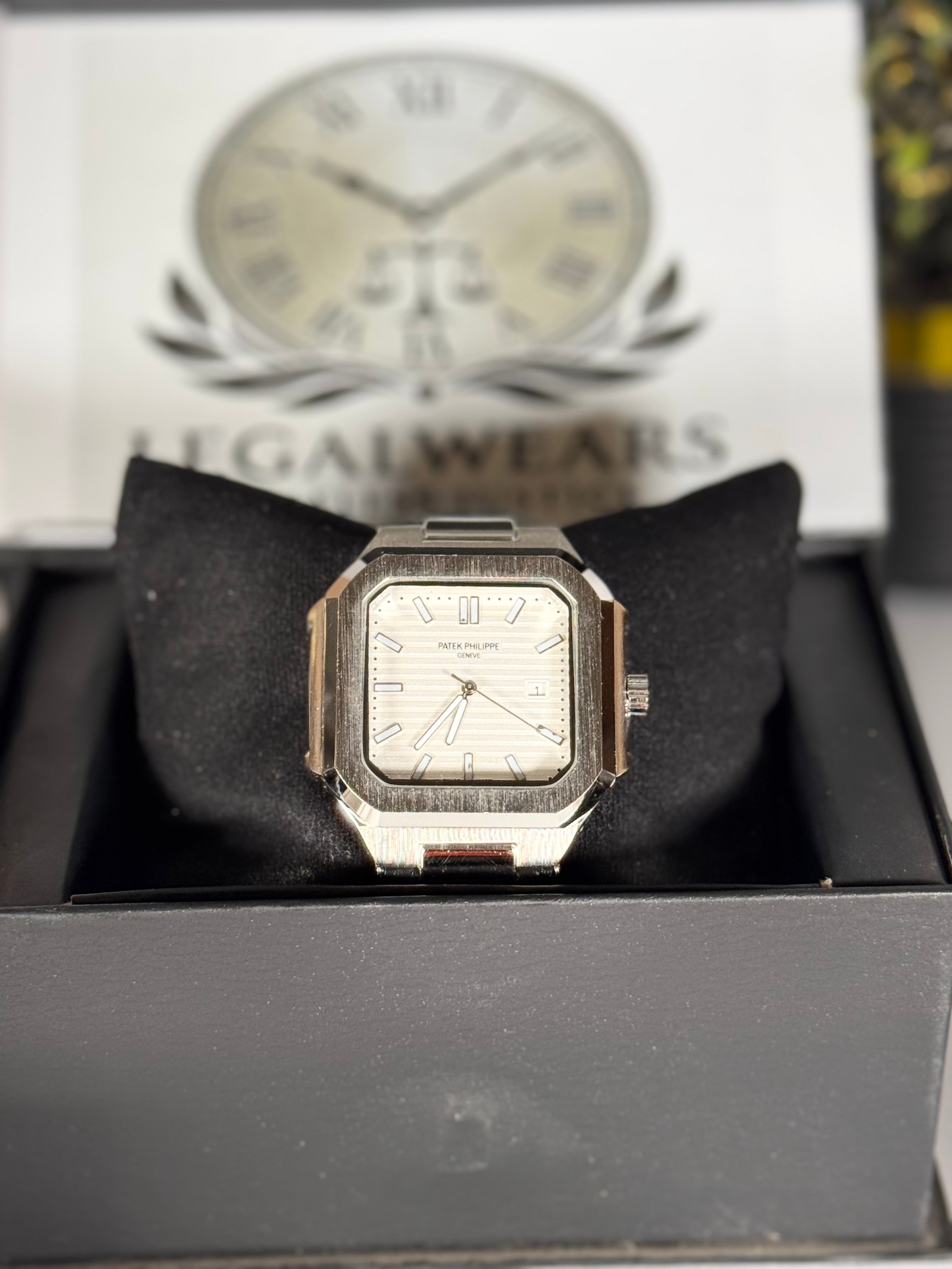 Patek Master Men’s White Dial Square Watch with Leather Strap | LegalWears