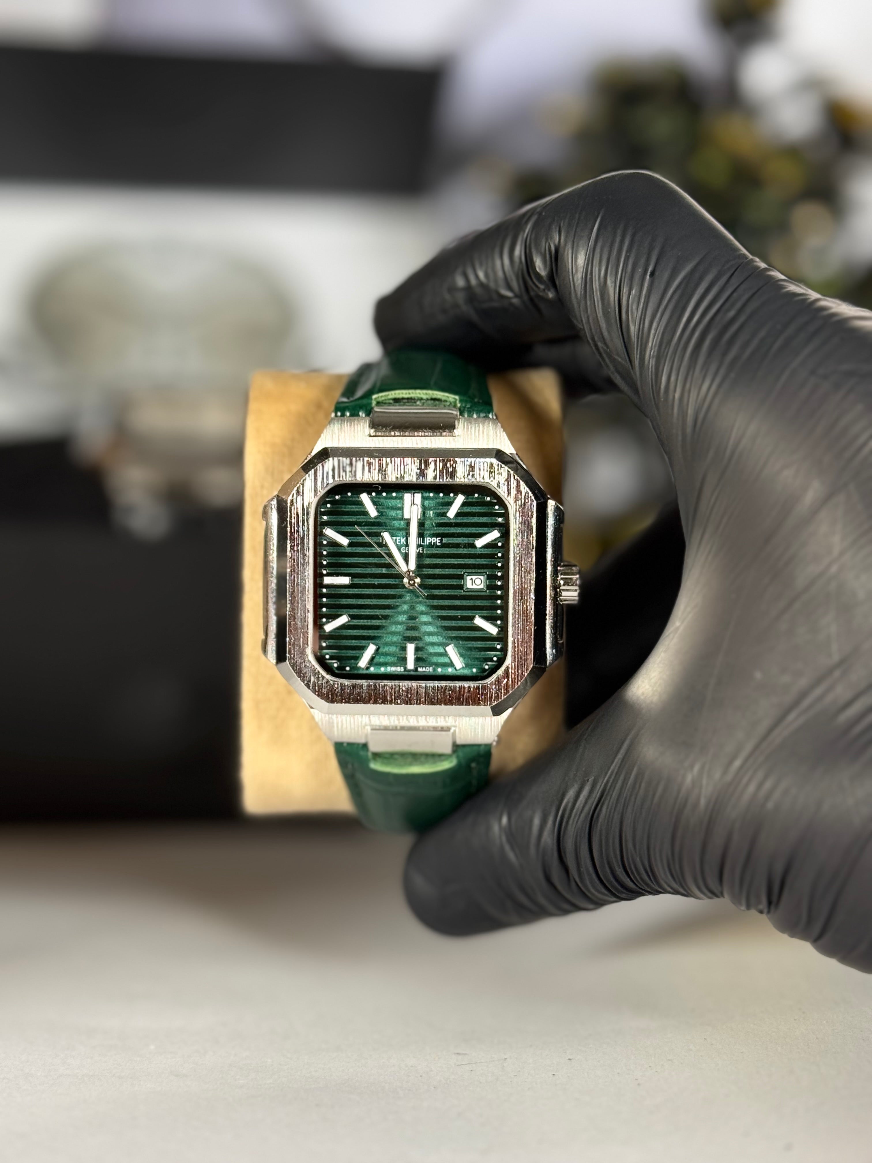 Patek Master Men’s Green Dial Square Watch with Leather Strap | LegalWears