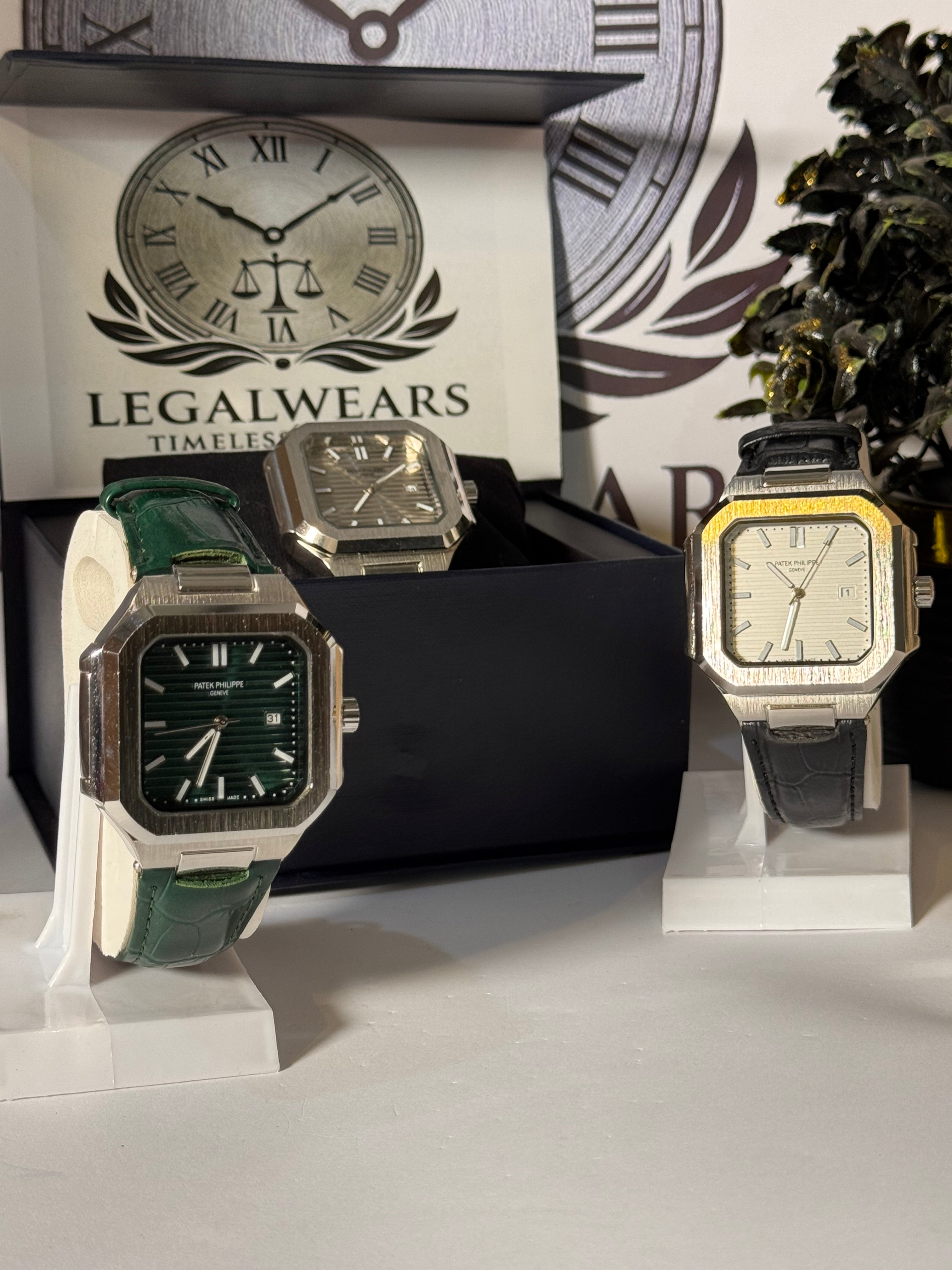 Patek Master Men’s Green Dial Square Watch with Leather Strap | LegalWears