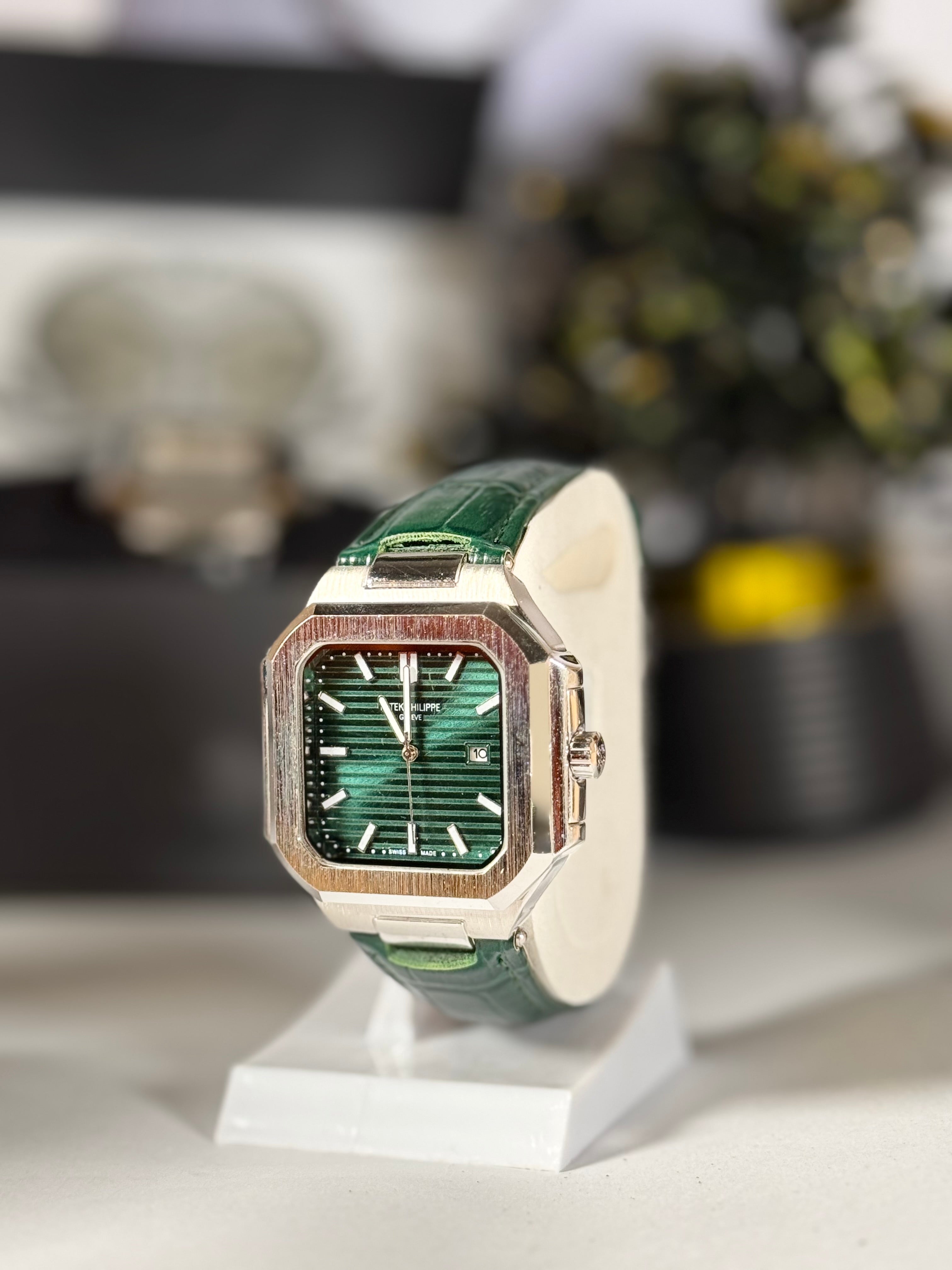 Patek Master Men’s Green Dial Square Watch with Leather Strap | LegalWears