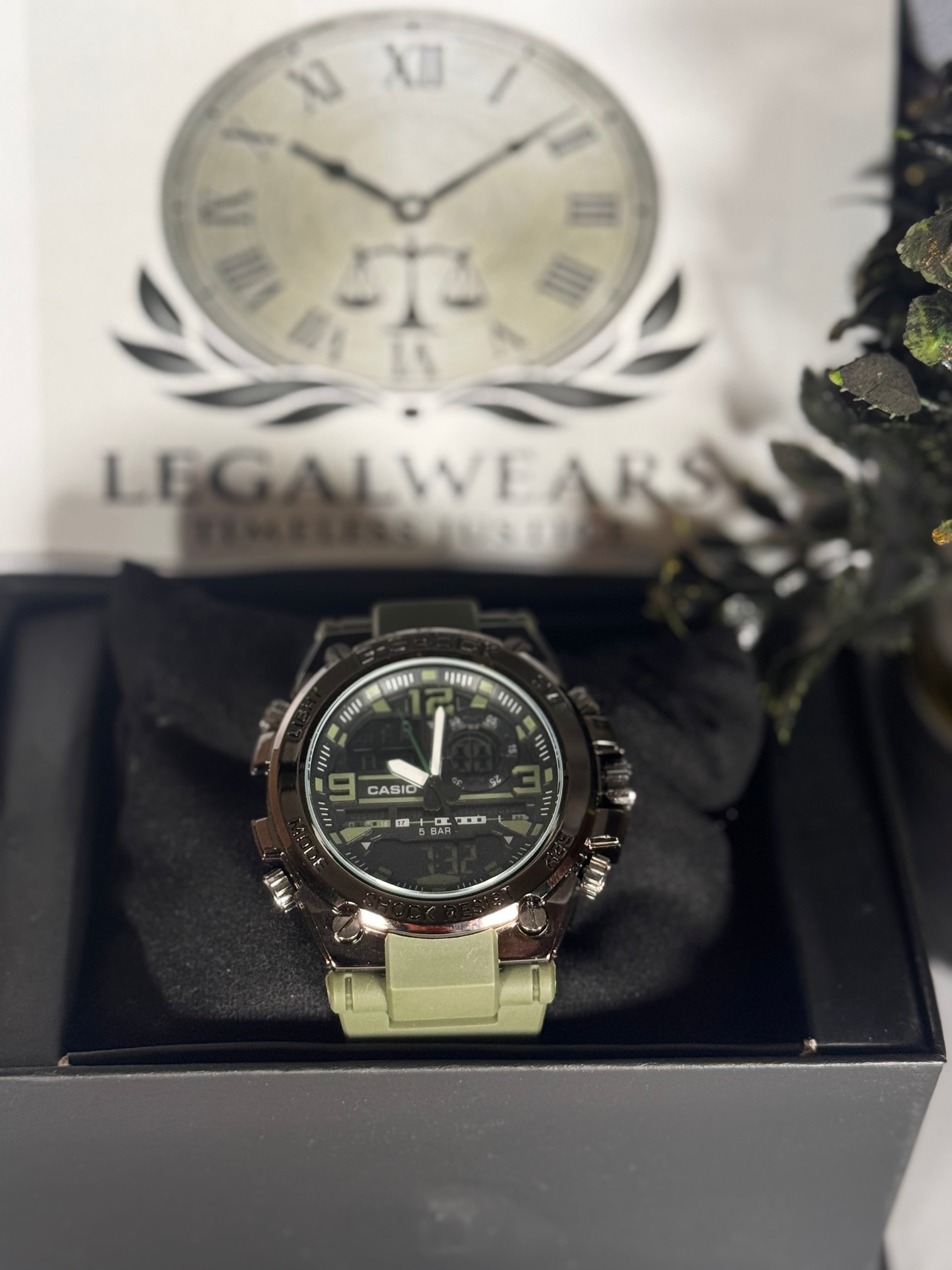 Casi Master Shock-Resistant Green Camouflage Silicon Straps Watch with Digital & Analog Display