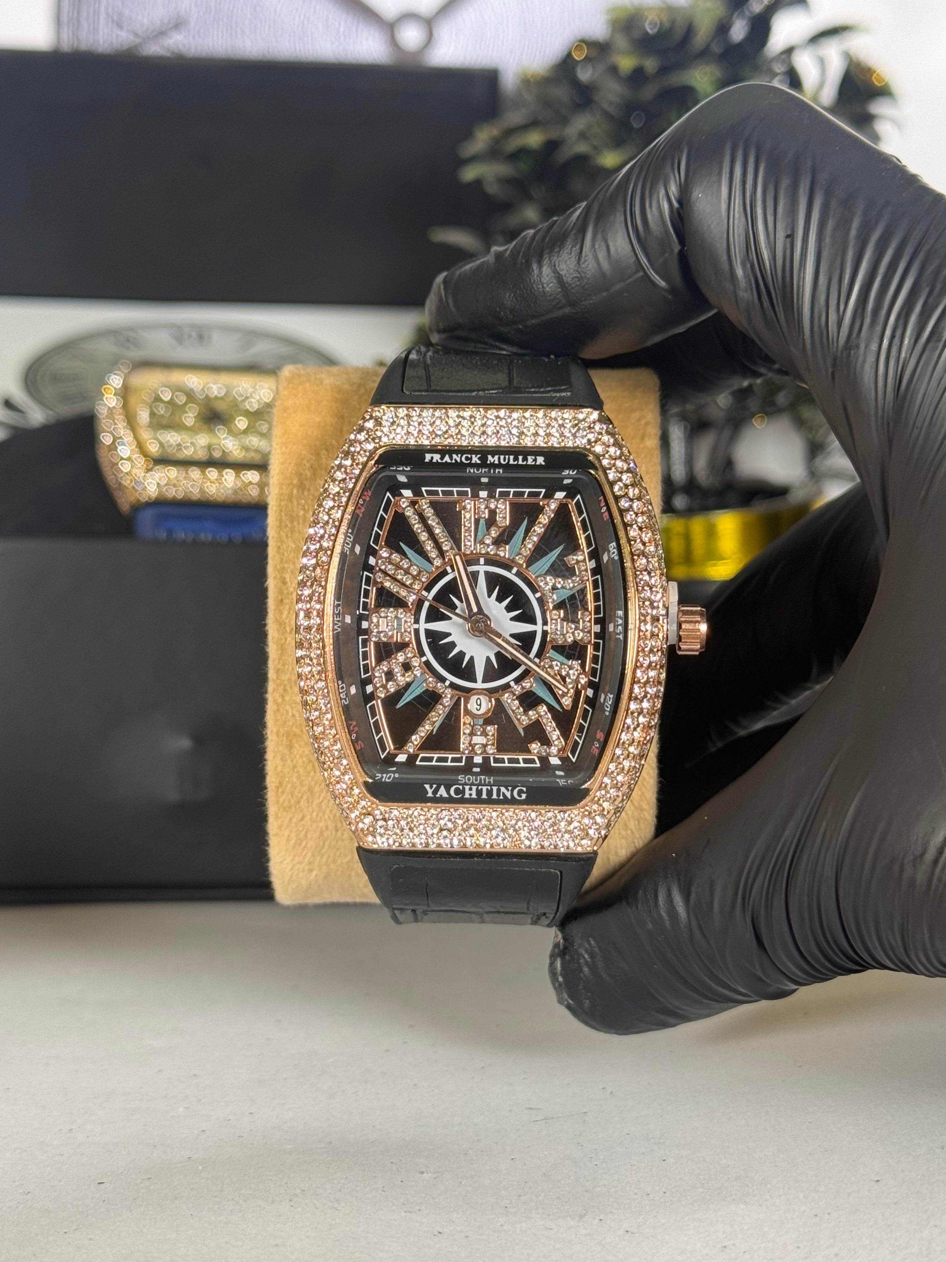 Muller Master Yachting Luxury Watch – Diamond-Studded Rose Gold Case with Black Silicone Strap