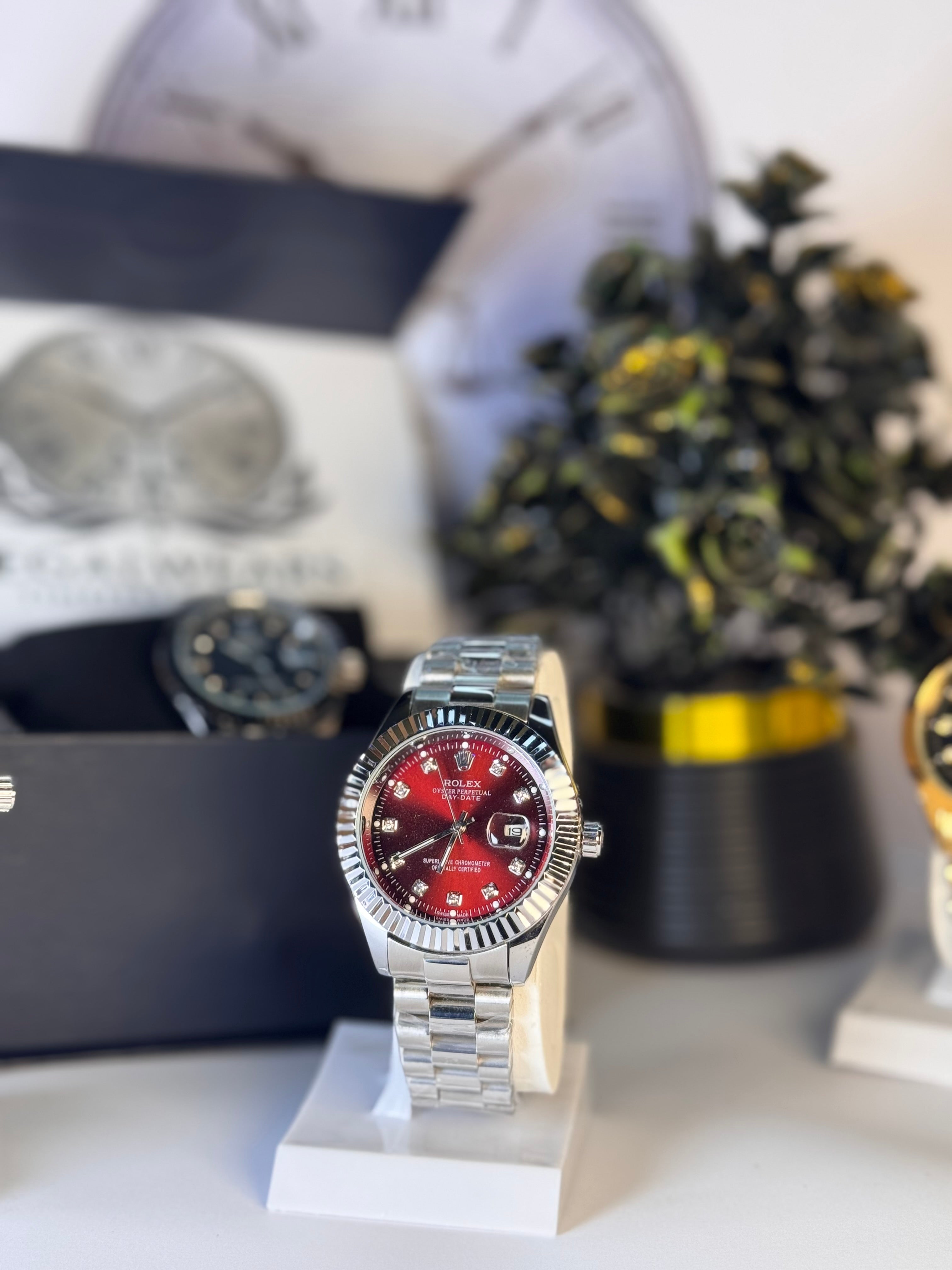 Rolly Master Men’s Red Dial Stainless Steel Strap Quartz Watch – Waterproof Timepiece | LegalWears