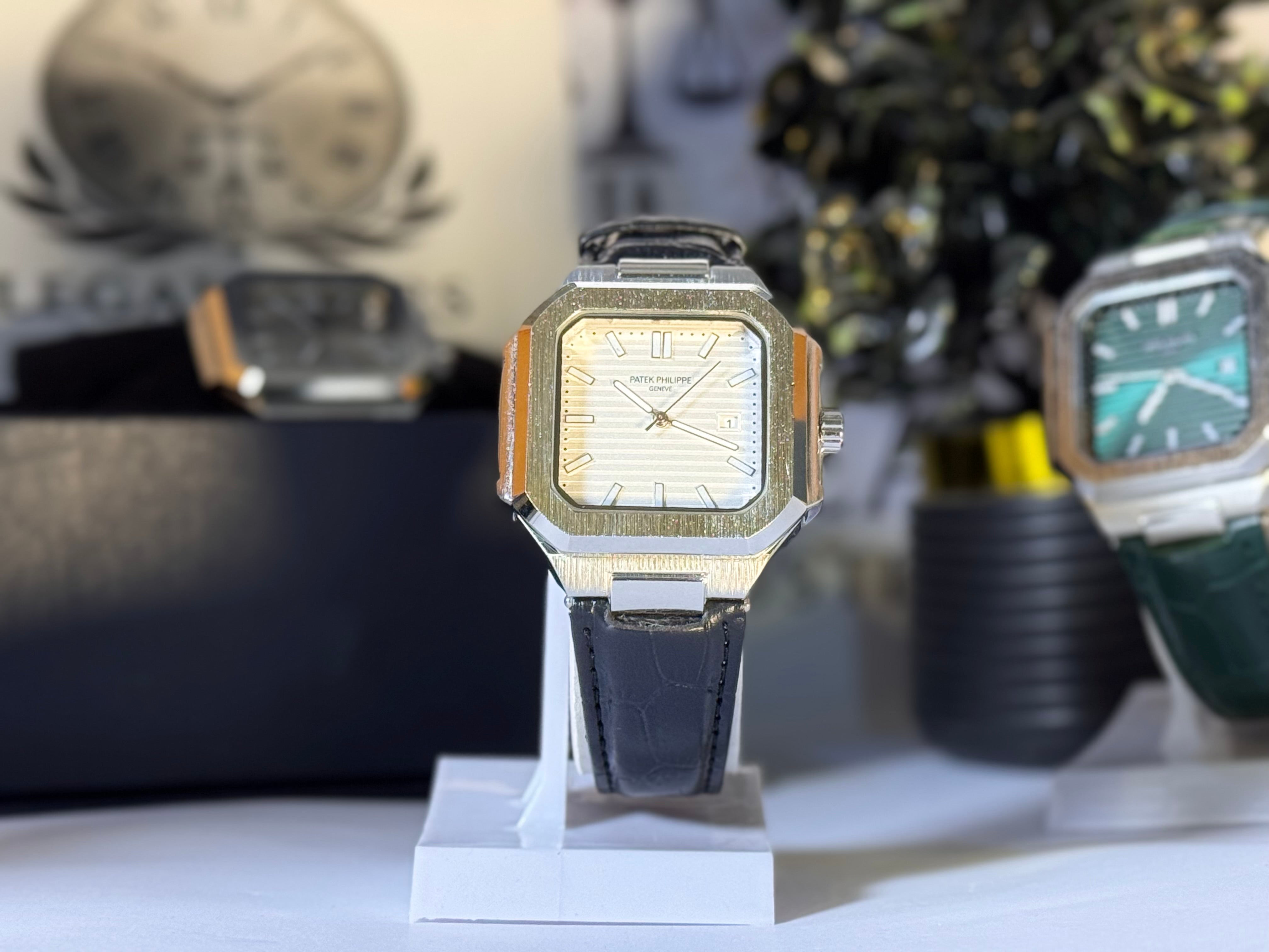 Patek Master Men’s Green Dial Square Watch with Leather Strap | LegalWears