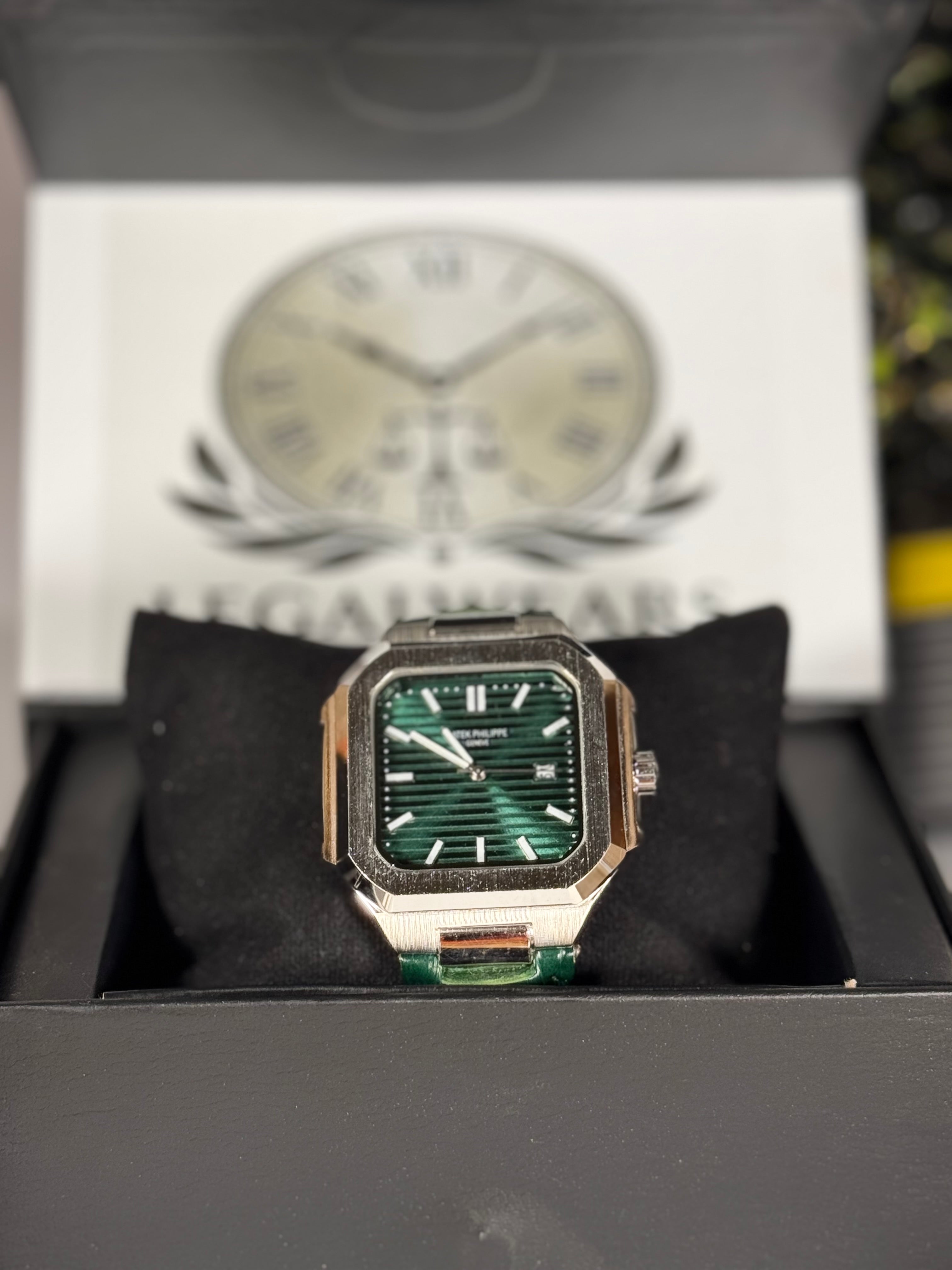 Patek Master Men’s Green Dial Square Watch with Leather Strap | LegalWears