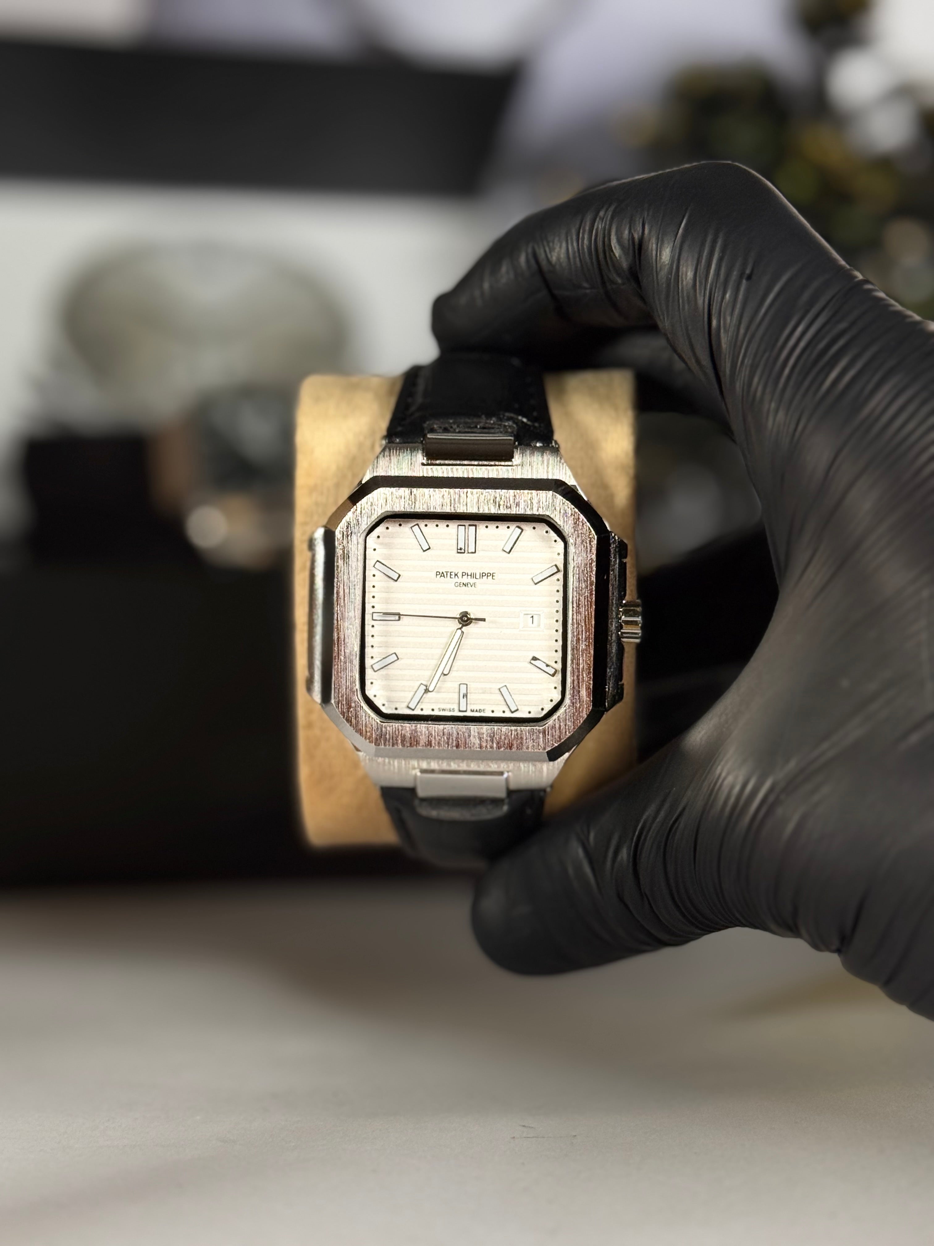 Patek Master Men’s White Dial Square Watch with Leather Strap | LegalWears