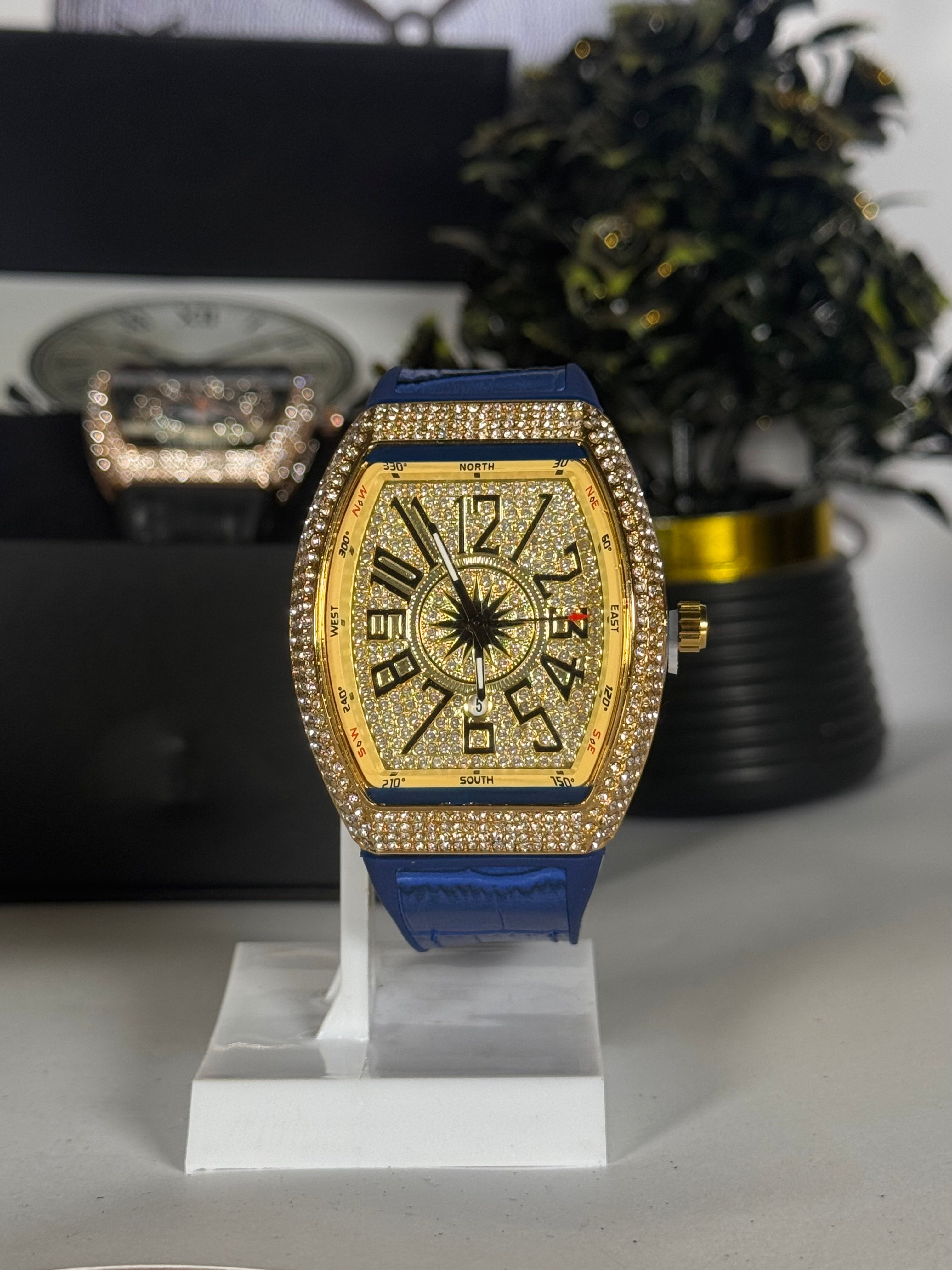 Muller Master Yachting Luxury Watch – Diamond-Studded Rose Gold Case with Blue Silicone Strap