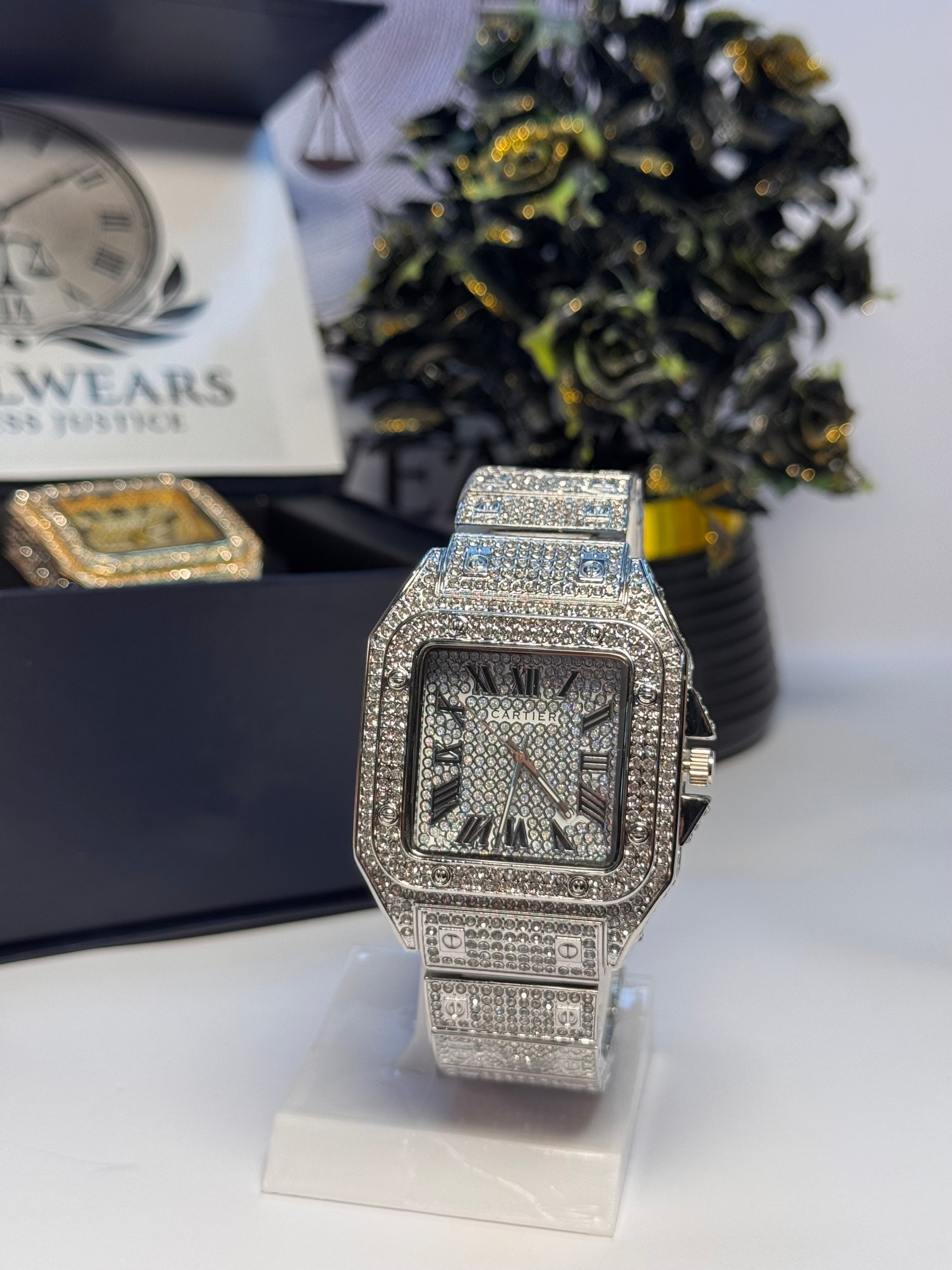 Cartier Silver Diamond-Studded Watch | Quartz Movement Golden Dial Watch | LegalWears