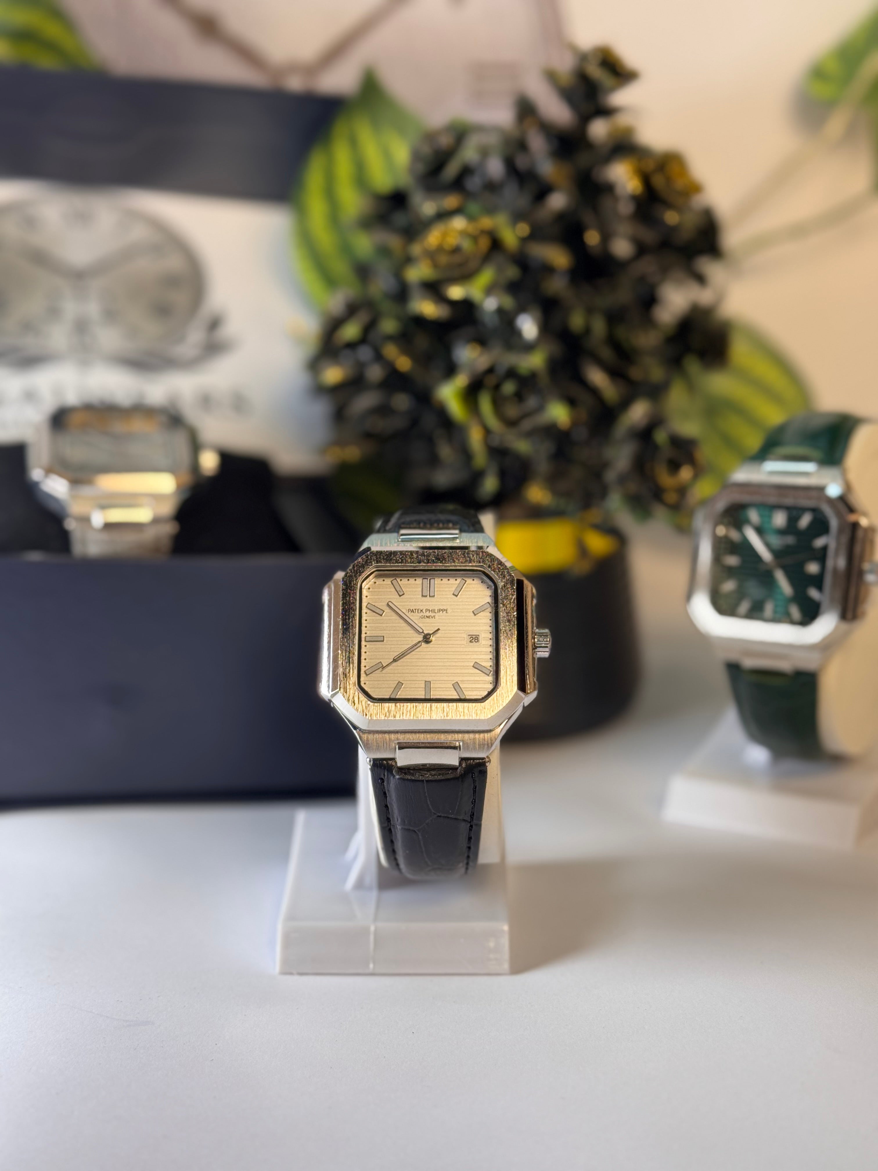 Patek Master Men’s Green Dial Square Watch with Leather Strap | LegalWears