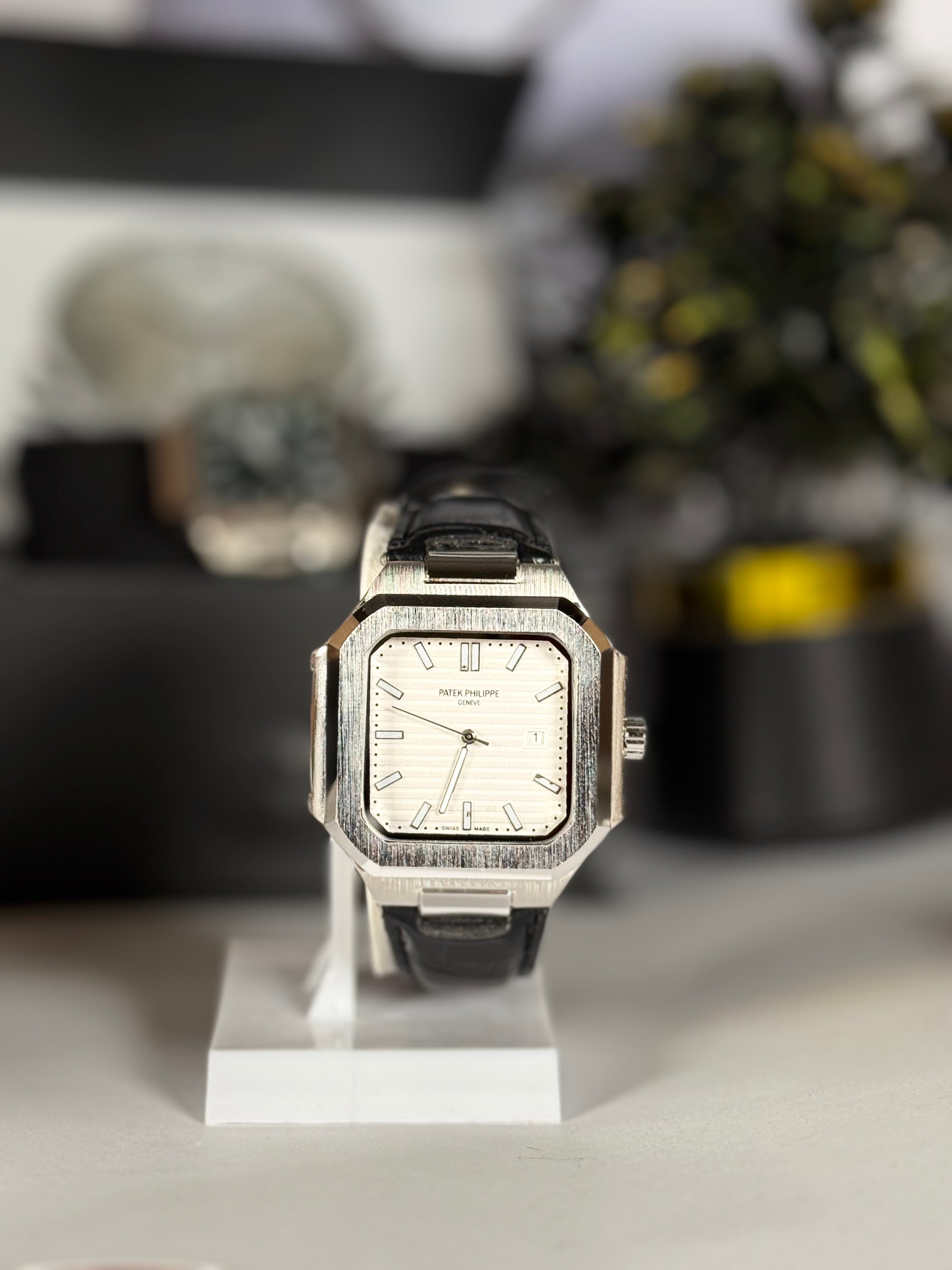 Patek Master Men’s White Dial Square Watch with Leather Strap | LegalWears