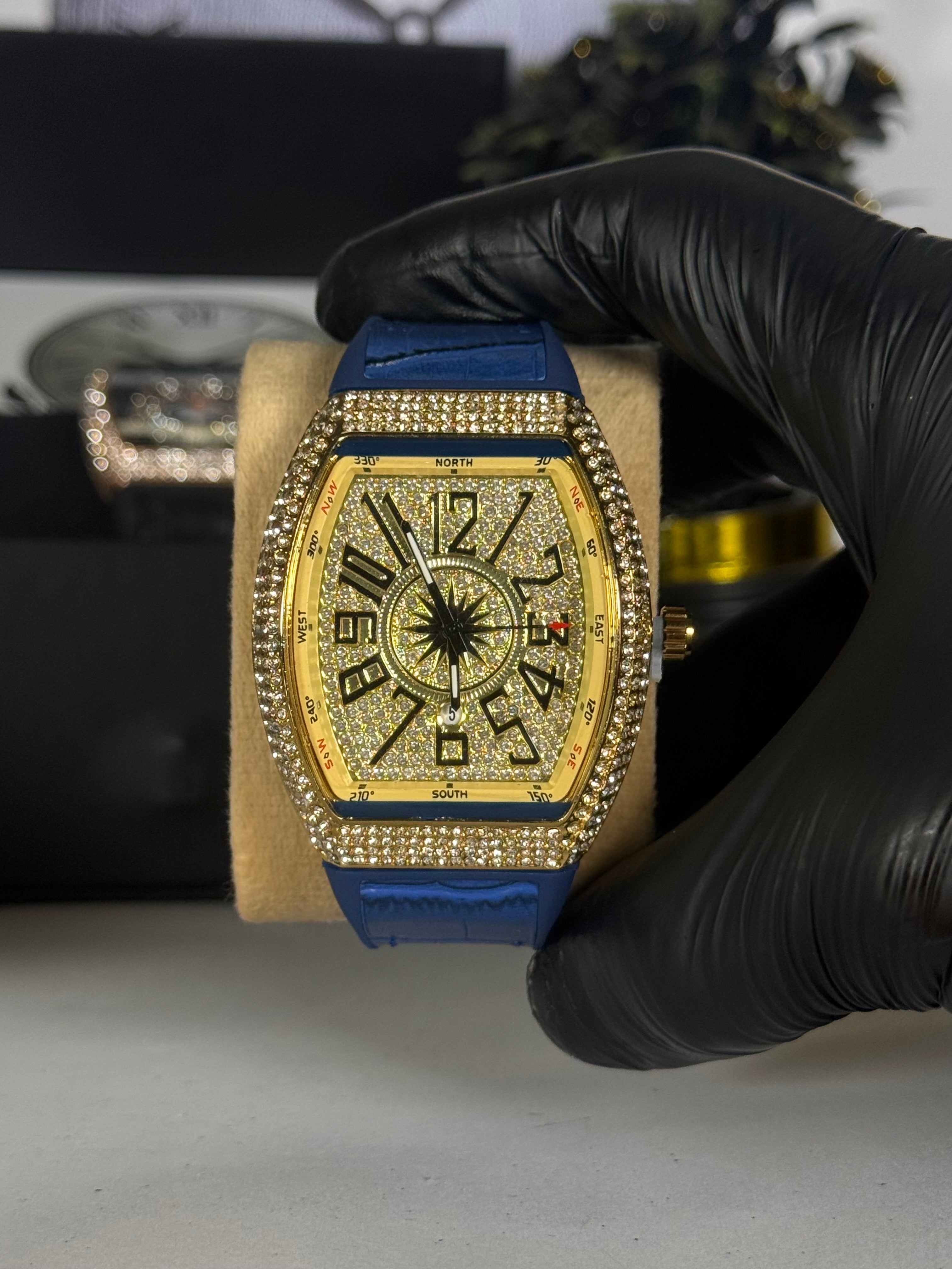 Muller Master Yachting Luxury Watch – Diamond-Studded Rose Gold Case with Blue Silicone Strap