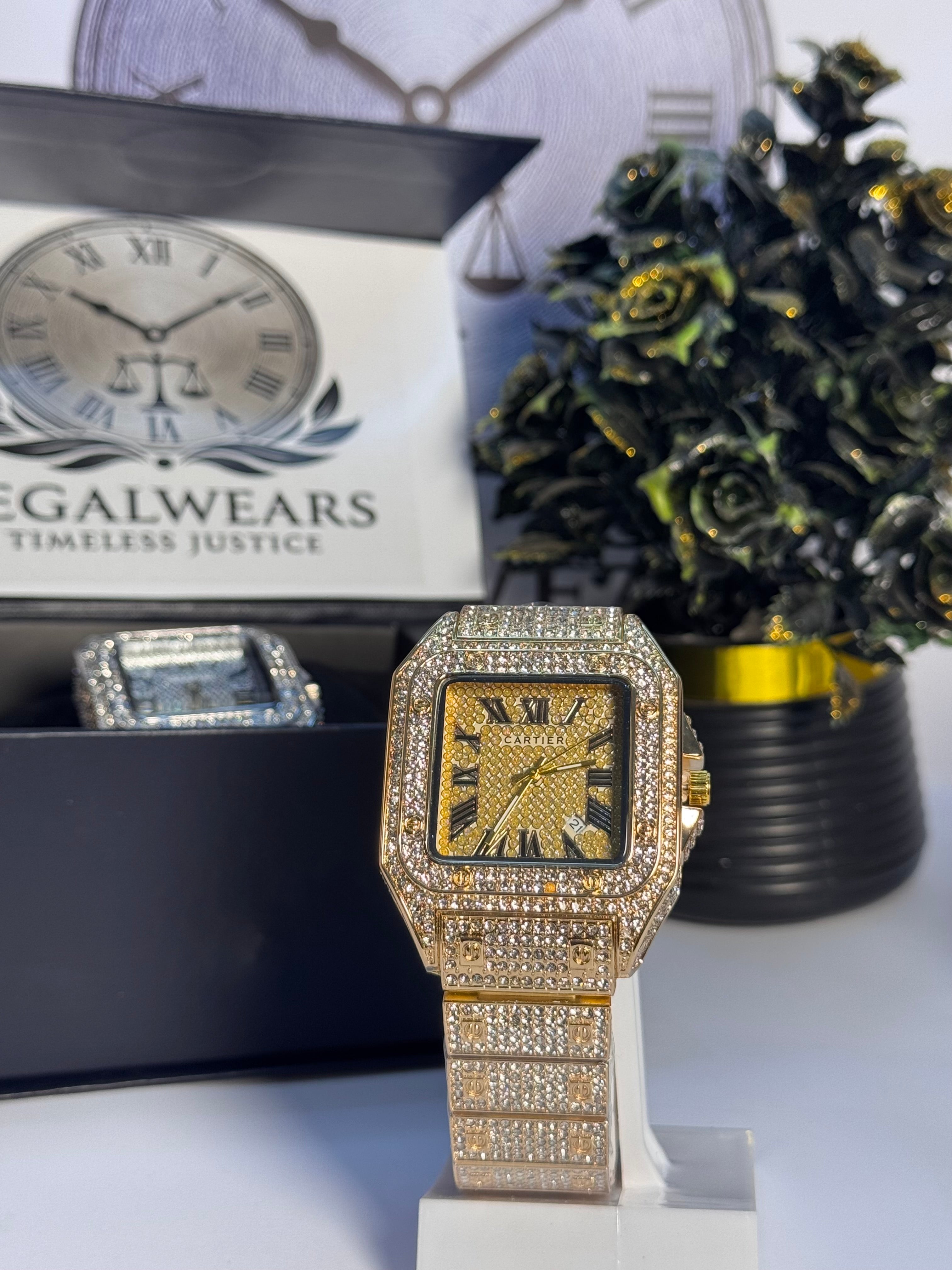 Cartier Gold Diamond-Studded Watch | Quartz Movement Golden Dial Watch | LegalWears
