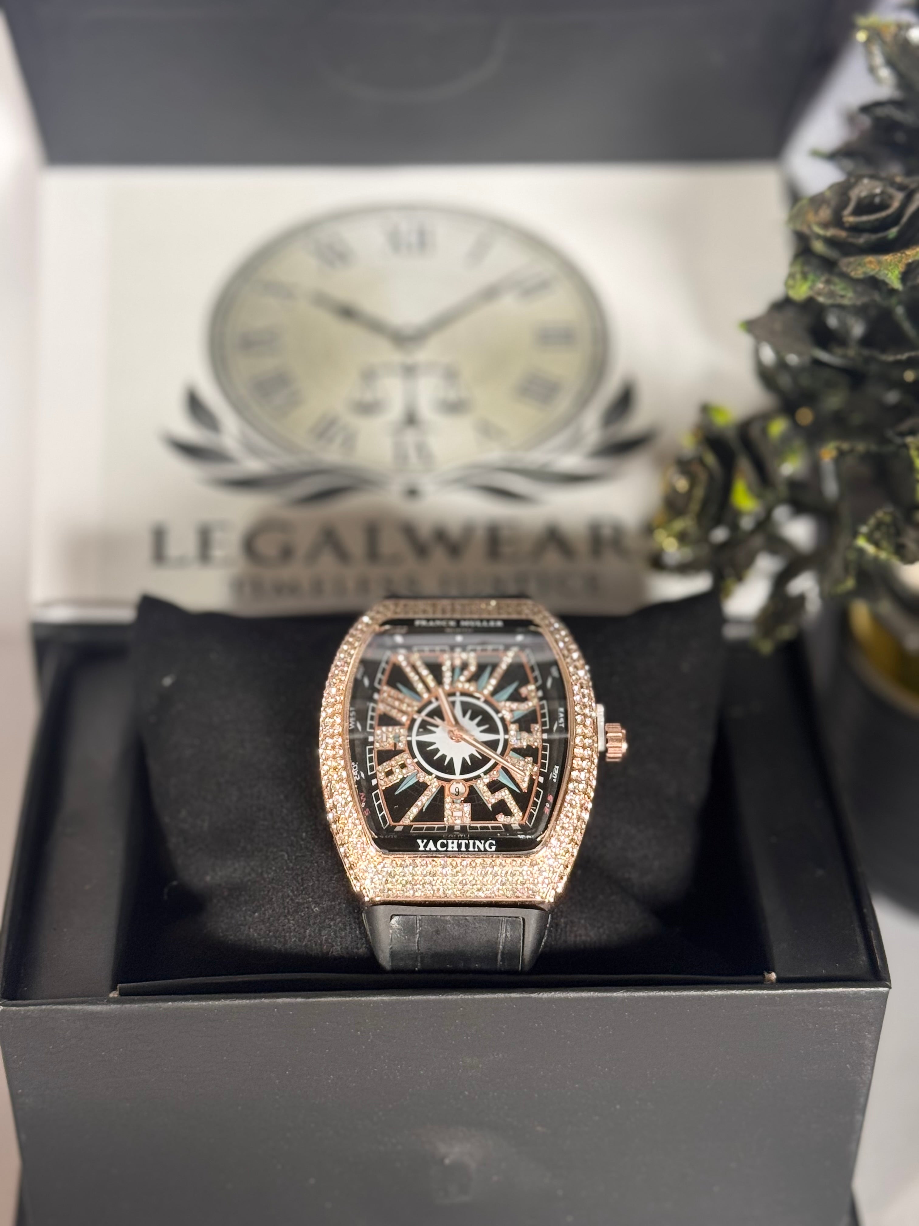 Muller Master Yachting Luxury Watch – Diamond-Studded Rose Gold Case with Black Silicone Strap