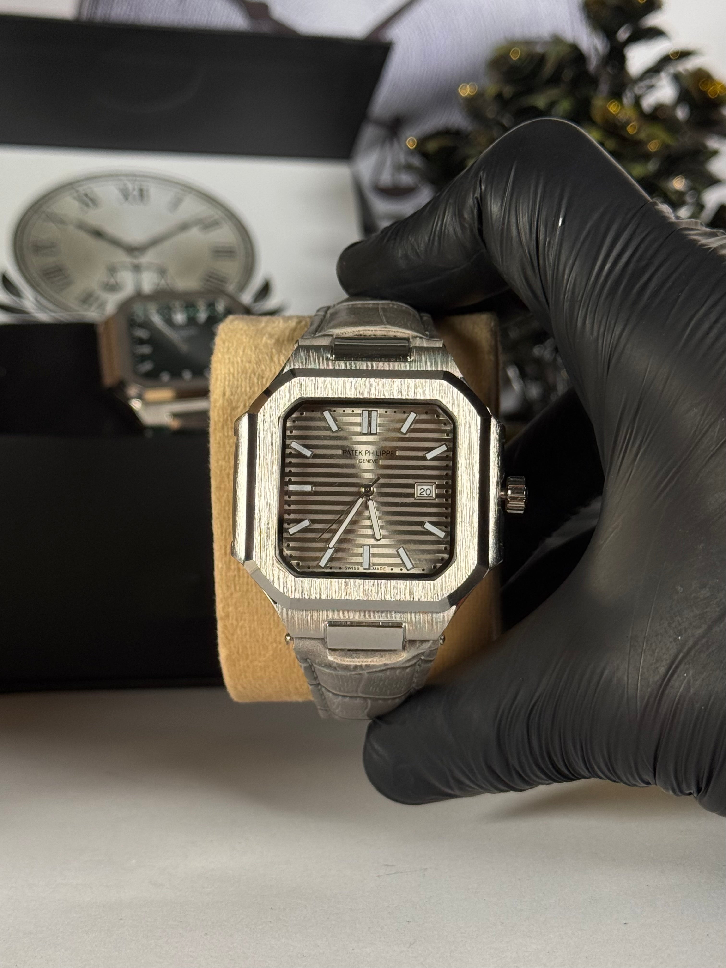 Patek Master Silver Dial Square Quartz Watch with Leather Strap | LegalWears