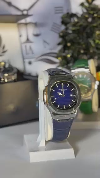 Patek Master Blue Dial Men’s Watch with Leather Strap | Quartz Date Wrist Watch | Legalwears